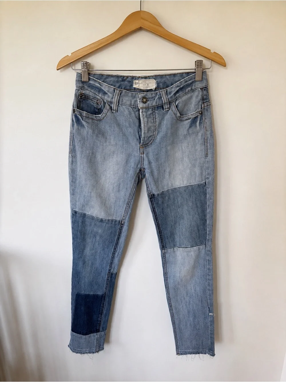 Free People Patchwork Skinny Ankle Jeans Raw Hem Colorblock Denim Size 25
